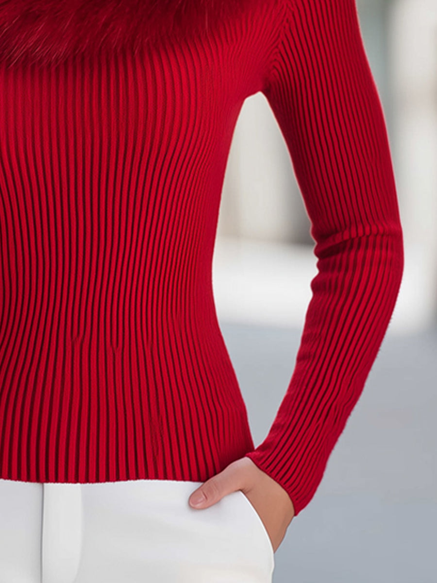 Women's Faux Fur Collar Ribbed Sweater – additional product view | Hensley London