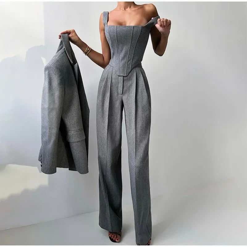 Women's Corset-Top Three-Piece Trouser Set in Gray – Additional product view | Hensley London