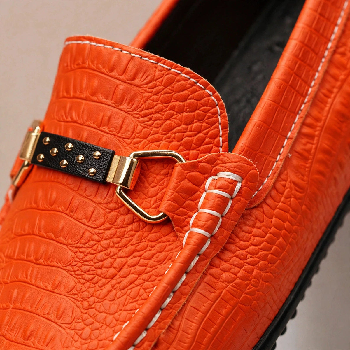 Men's Textured Bit-Detail Driving Loafers in Orange – Additional product view | Hensley London