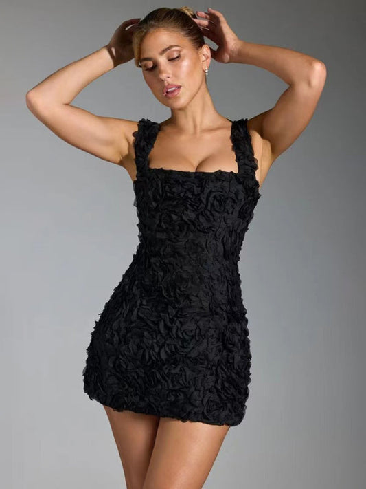 Women's Mini Dress Black Blend 3D Floral Appliqué-2