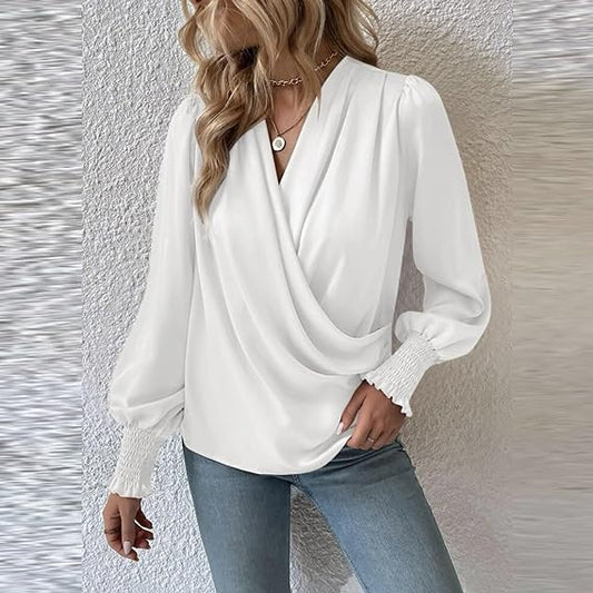 Women's Long Sleeve Blouse White Size M Cotton Puff Sleeve Top-2