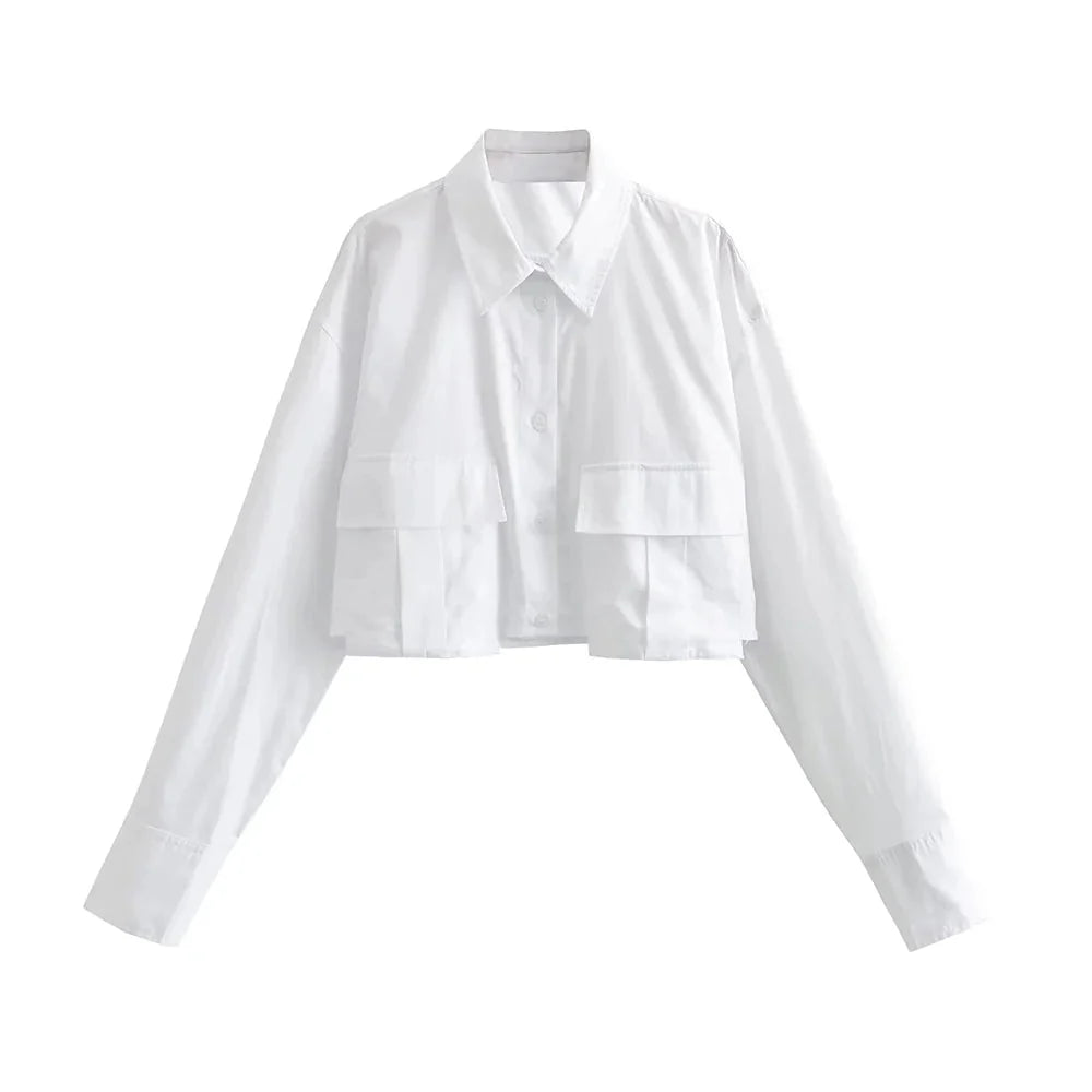 Variant image for Women's White Blouse Cropped Size M Cotton Long Sleeve-13