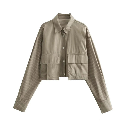 Women's White Blouse Cropped Size M Cotton Long Sleeve-1