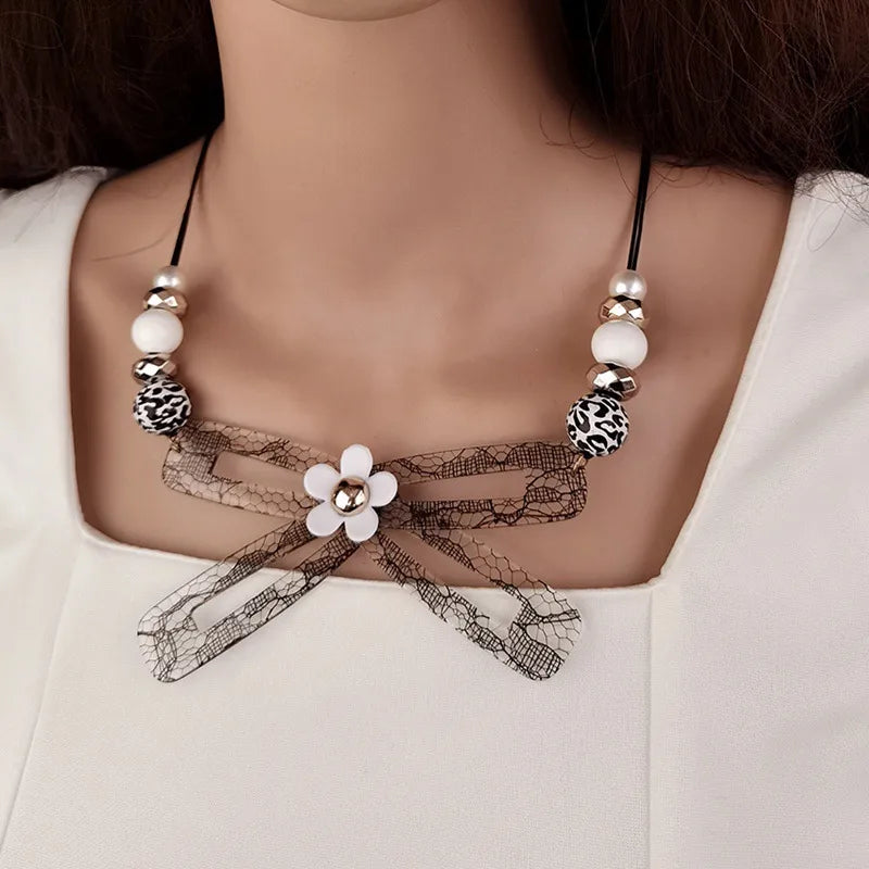 Women's Bow Tie Pendant Necklace Black Acrylic Handmade 1