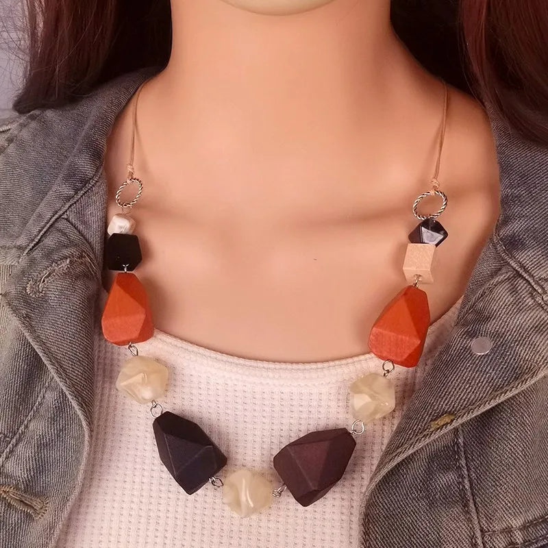 Women's Necklace Geometric Wood Vintage Style 6