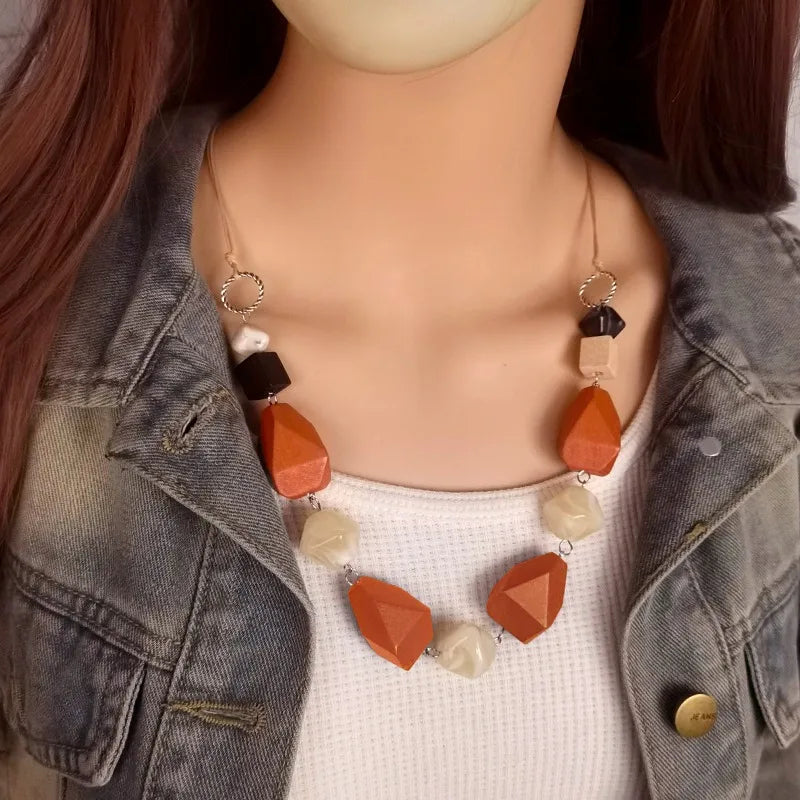Women's Necklace Geometric Wood Vintage Style 4