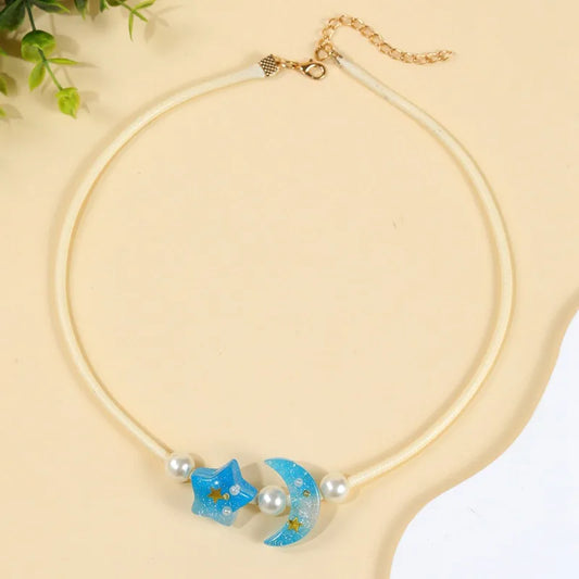 Women's Pendant Necklace Blue Beaded Chain with Star and Moon 2