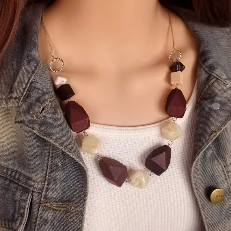 Women's Necklace Geometric Wood Vintage Style 9