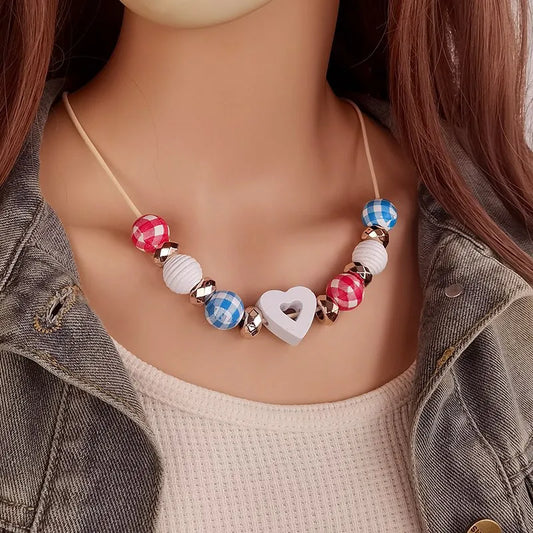 Women's Necklace Heart Shape Wood Bead Retro Jewelry 2
