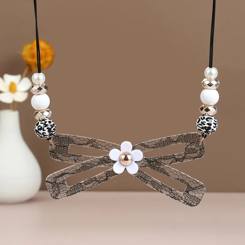 Women's Bow Tie Pendant Necklace Black Acrylic Handmade 4