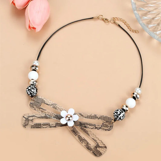 Women's Bow Tie Pendant Necklace Black Acrylic Handmade 2