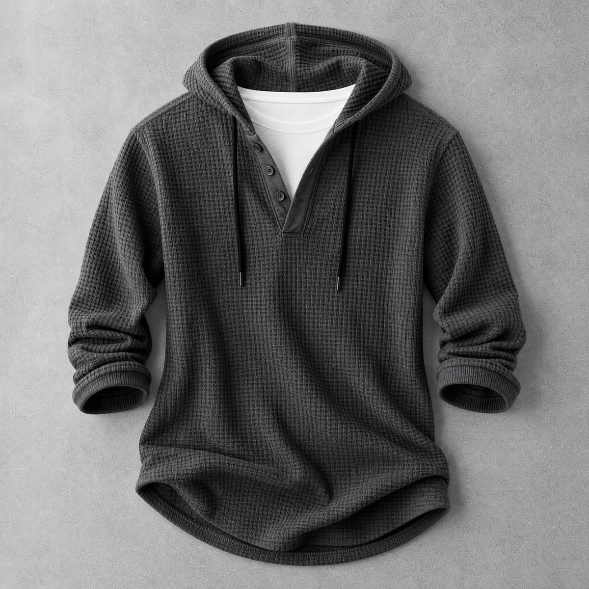 Men's Waffle-Knit Henley Hoodie in Black – front view | Hensley London