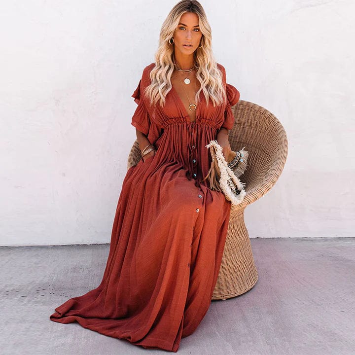 Women's Maxi Dress Red Rayon Blend Bohemian Style-4