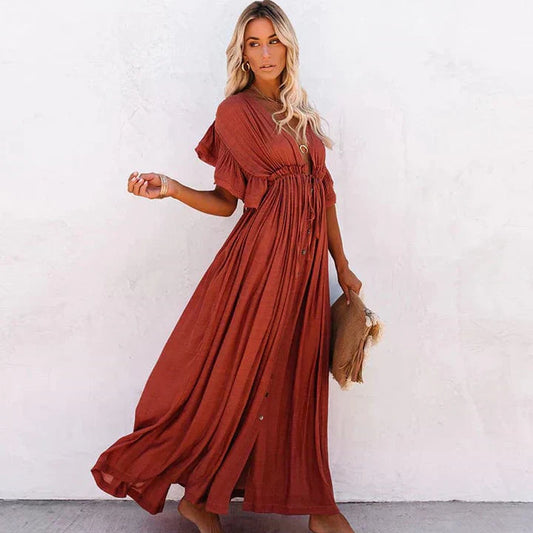 Women's Maxi Dress Red Rayon Blend Bohemian Style-2