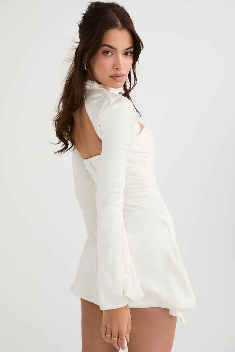 Women's Mini Dress White Cotton Polyester Long Sleeve-4