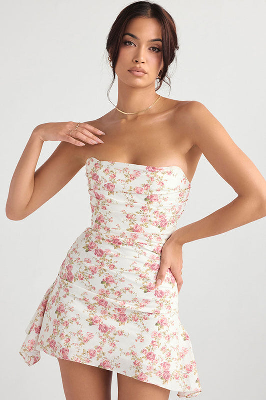 Women's Mini Dress Floral Satin Strapless Summer Cocktail-2