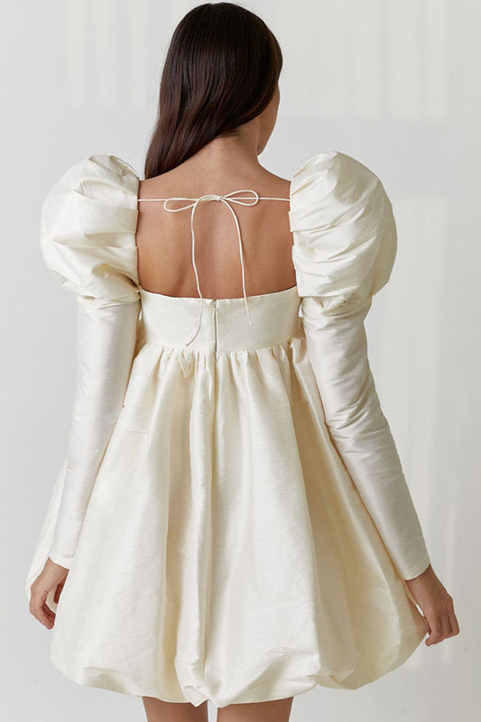 Women's Mini Dress Beige Satin Puff Sleeve-2