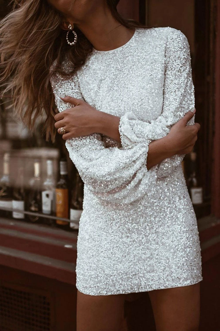 Women's Mini Dress White Sequin Long Sleeve Sheath-1