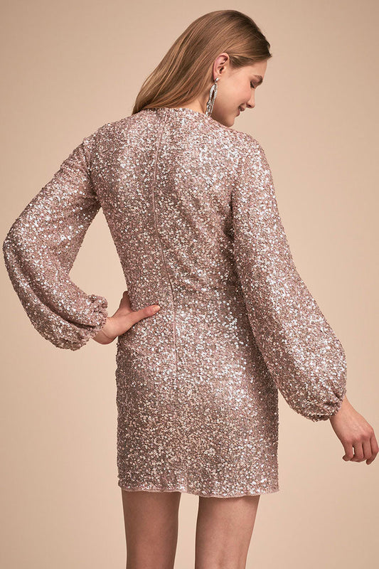 Women's Cocktail Dress Gold Sequin Long Sleeve-2