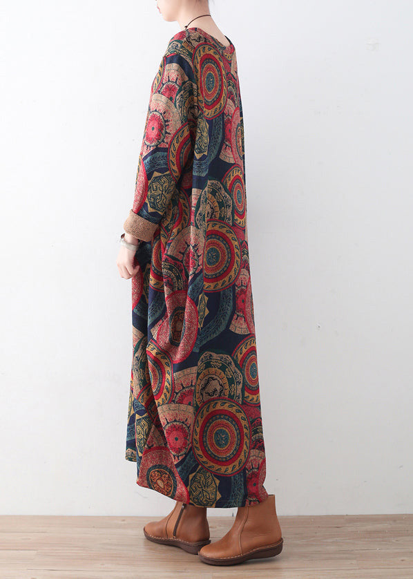 Women's Sweater Dress Blue Red Print Plus Size Cotton - 4