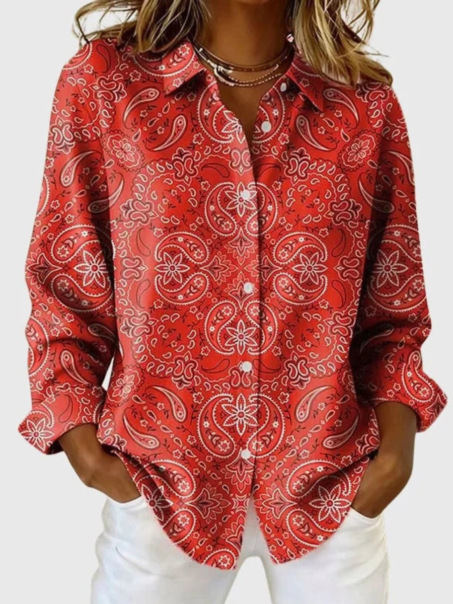 Women's Paisley Button-Up Blouse – Long Sleeves in Red – front view | Hensley London