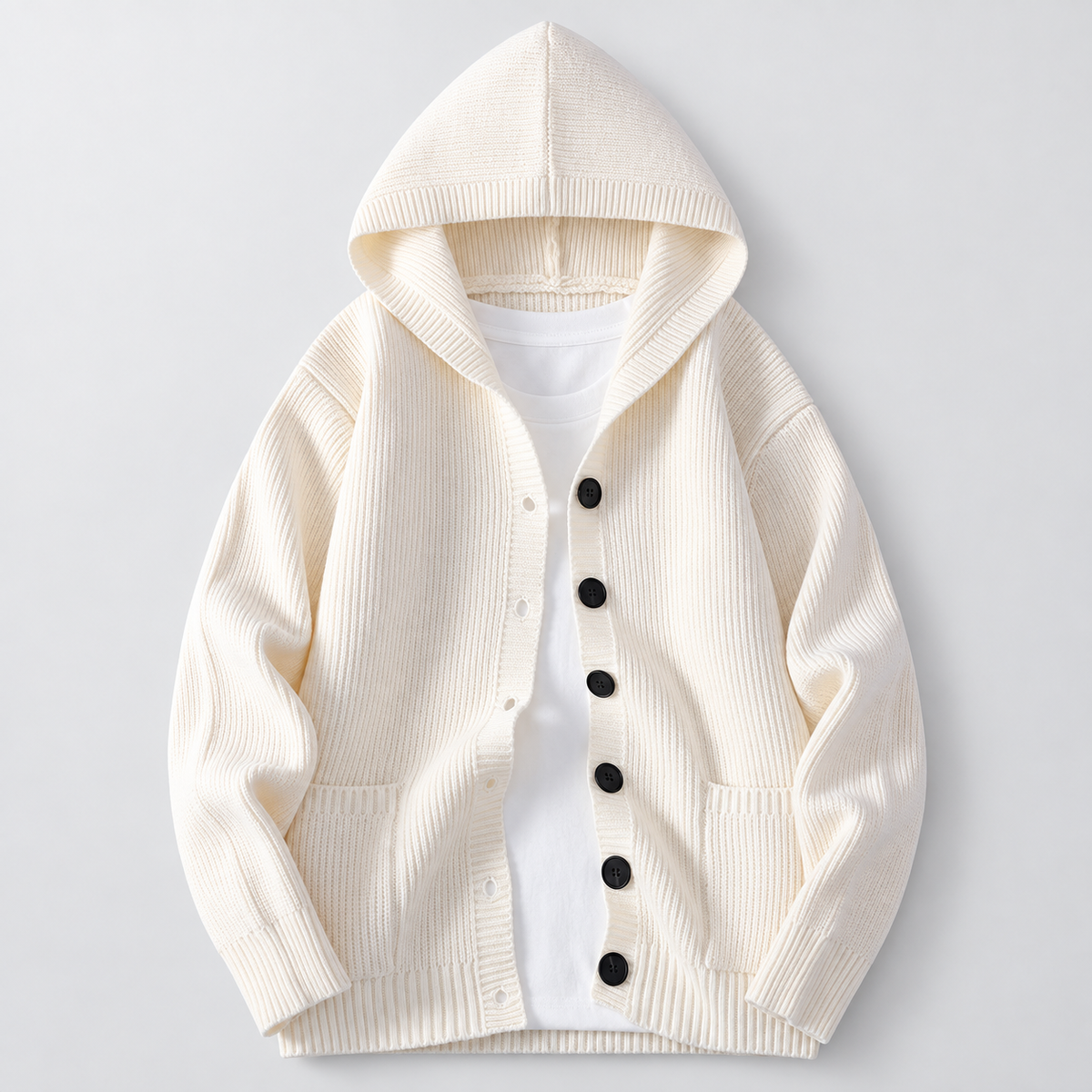 Men's Ribbed Hooded Cardigan in Ivory – front view | Hensley London