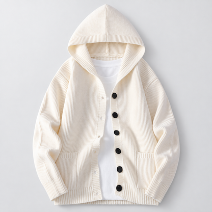 Men's Ribbed Hooded Cardigan in Ivory – front view | Hensley London