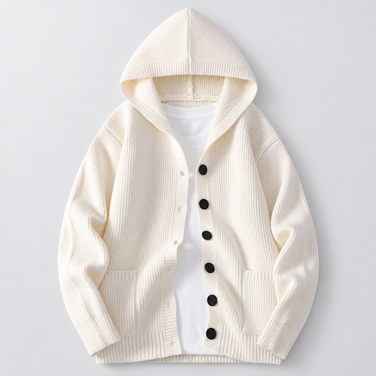 Men's Ribbed Hooded Cardigan in Ivory – front view | Hensley London
