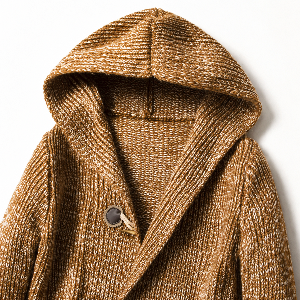 Men's Hooded Toggle Cardigan in Maple – hood detail | Hensley London