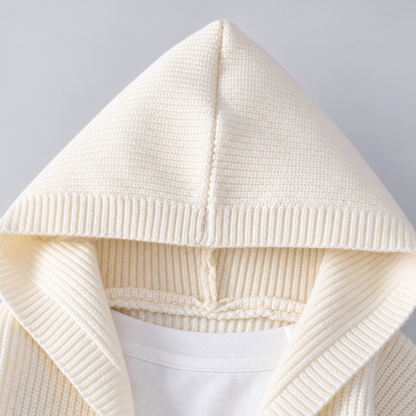 Men's Ribbed Hooded Cardigan in Ivory – hood detail | Hensley London