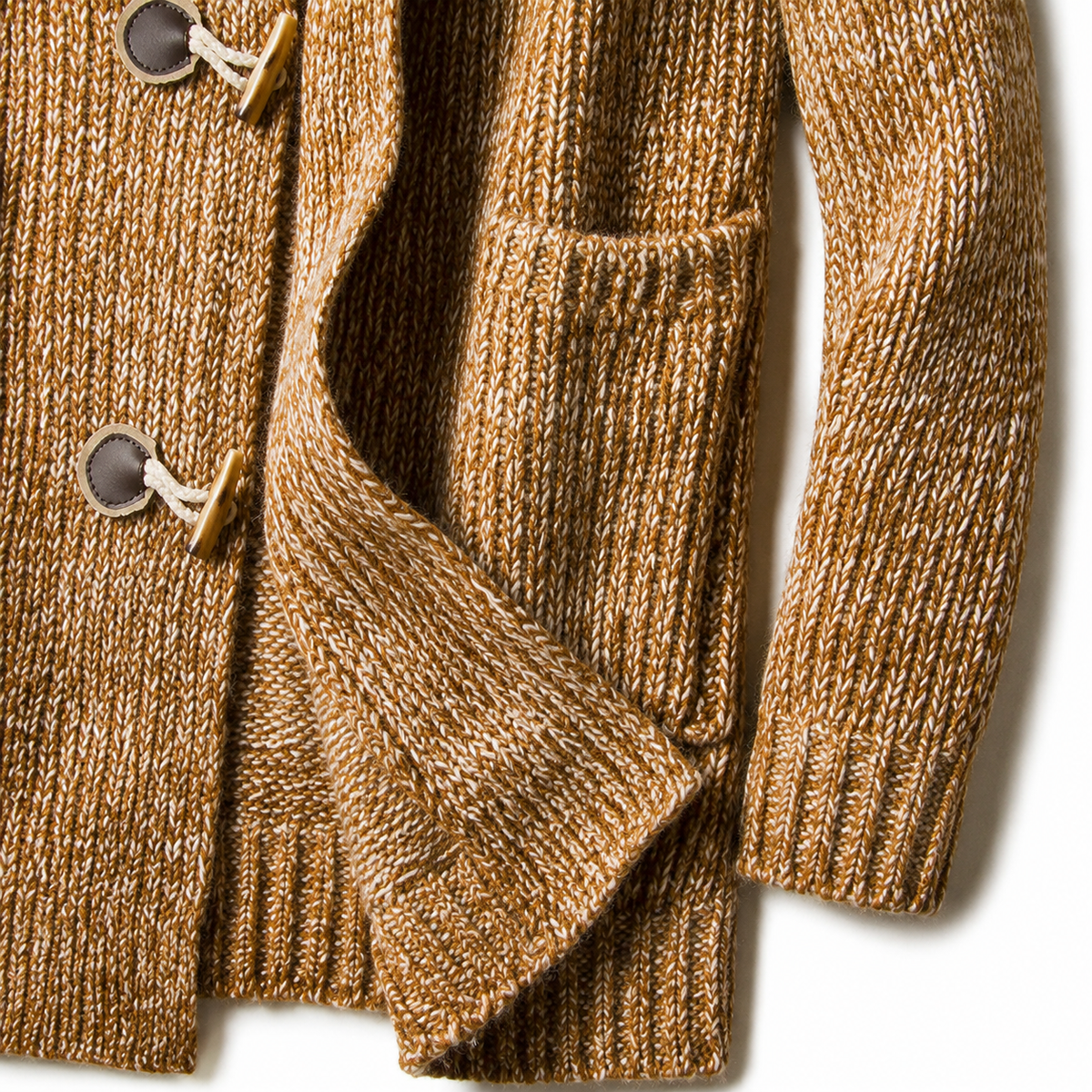 Men's Hooded Toggle Cardigan in Maple – pocket and cuff detail | Hensley London