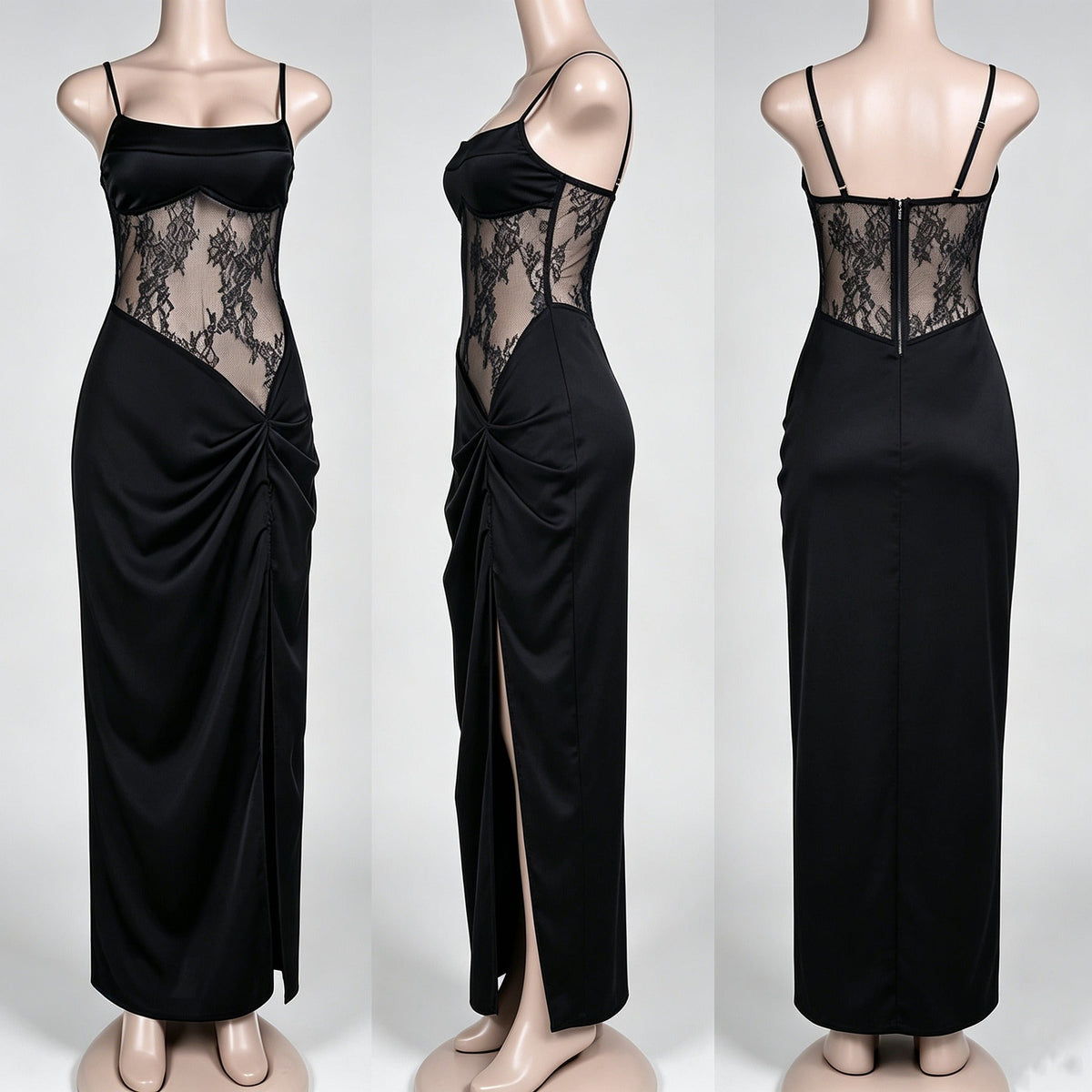 Women's Lace Waist Maxi Dress in Black – Front side and back mannequin collage | Hensley London