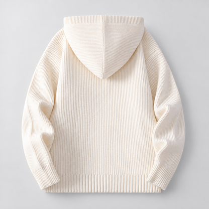 Men's Ribbed Hooded Cardigan in Ivory – back view | Hensley London