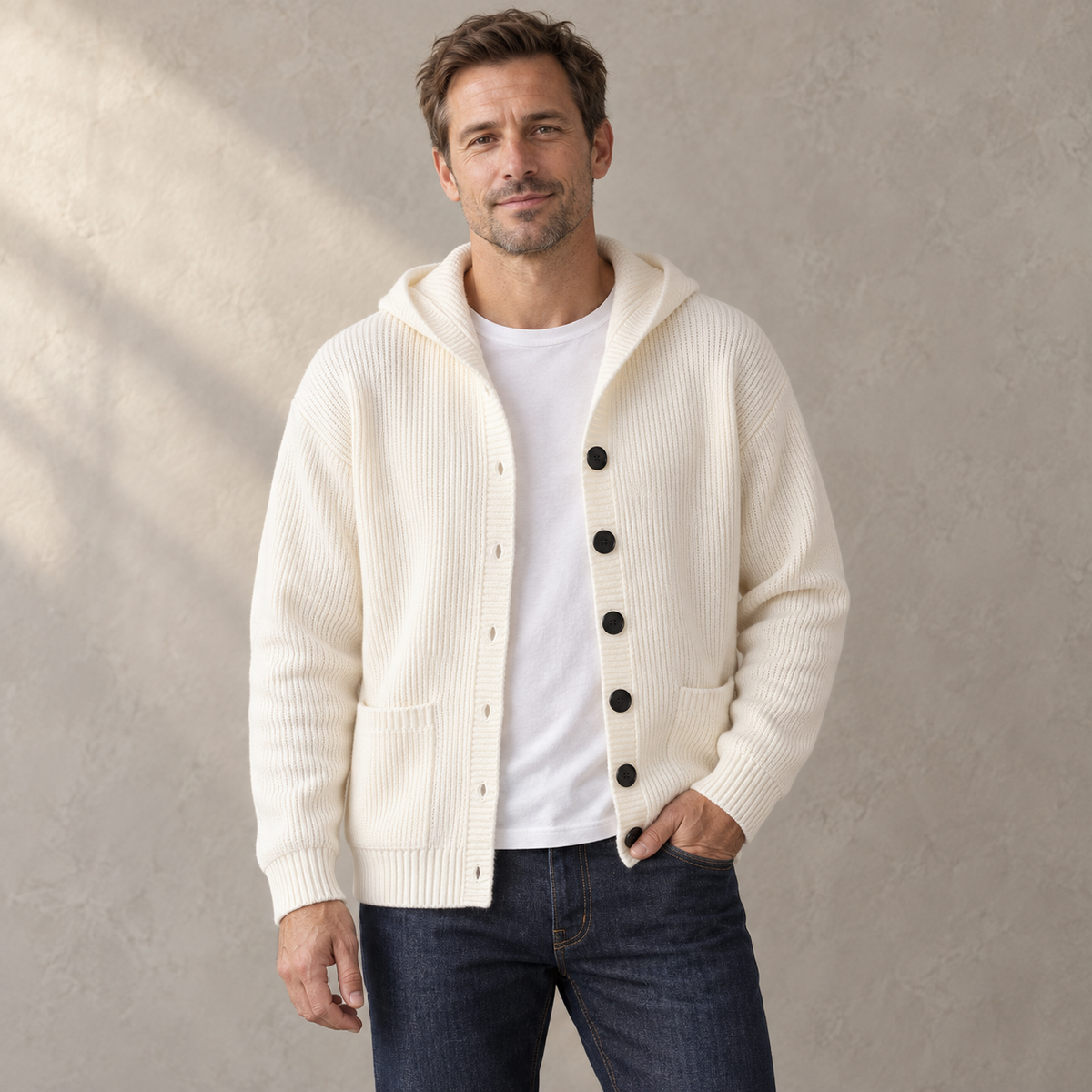 Men's Ribbed Hooded Cardigan in Ivory – front model view | Hensley London