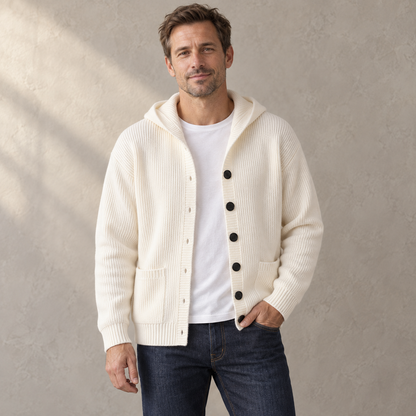 Men's Ribbed Hooded Cardigan in Ivory – front model view | Hensley London