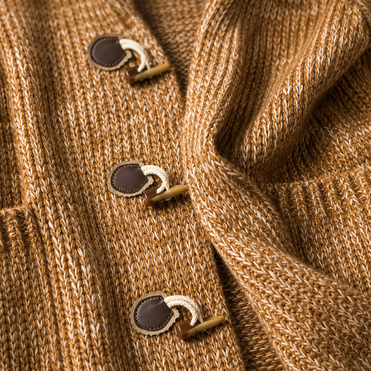 Men's Hooded Toggle Cardigan in Maple – toggle and knit detail | Hensley London