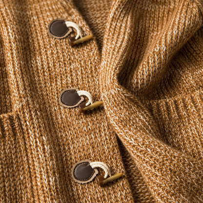 Men's Hooded Toggle Cardigan in Maple – toggle and knit detail | Hensley London