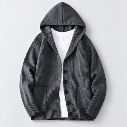 Men's Ribbed Hooded Cardigan in Charcoal – front view | Hensley London
