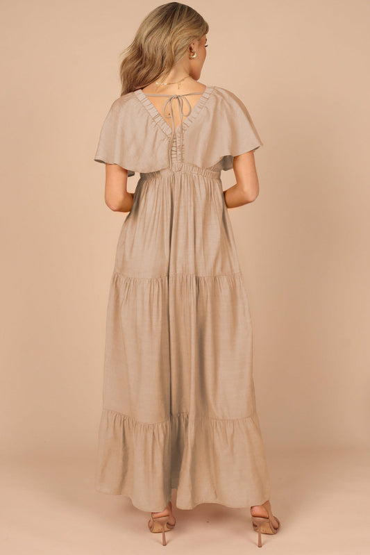 Parchment Textured V Neck Flutter Sleeve Ruffled Maxi Dress