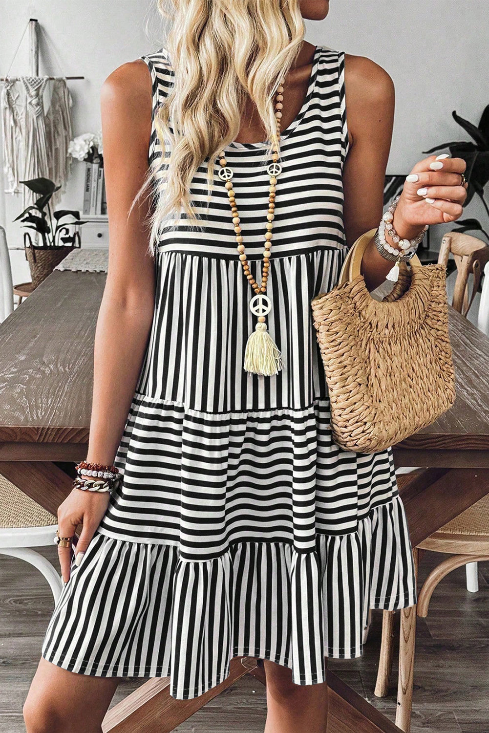 Women's Striped U Neck Sleeveless Mini Dress - View 1 | Hensley London