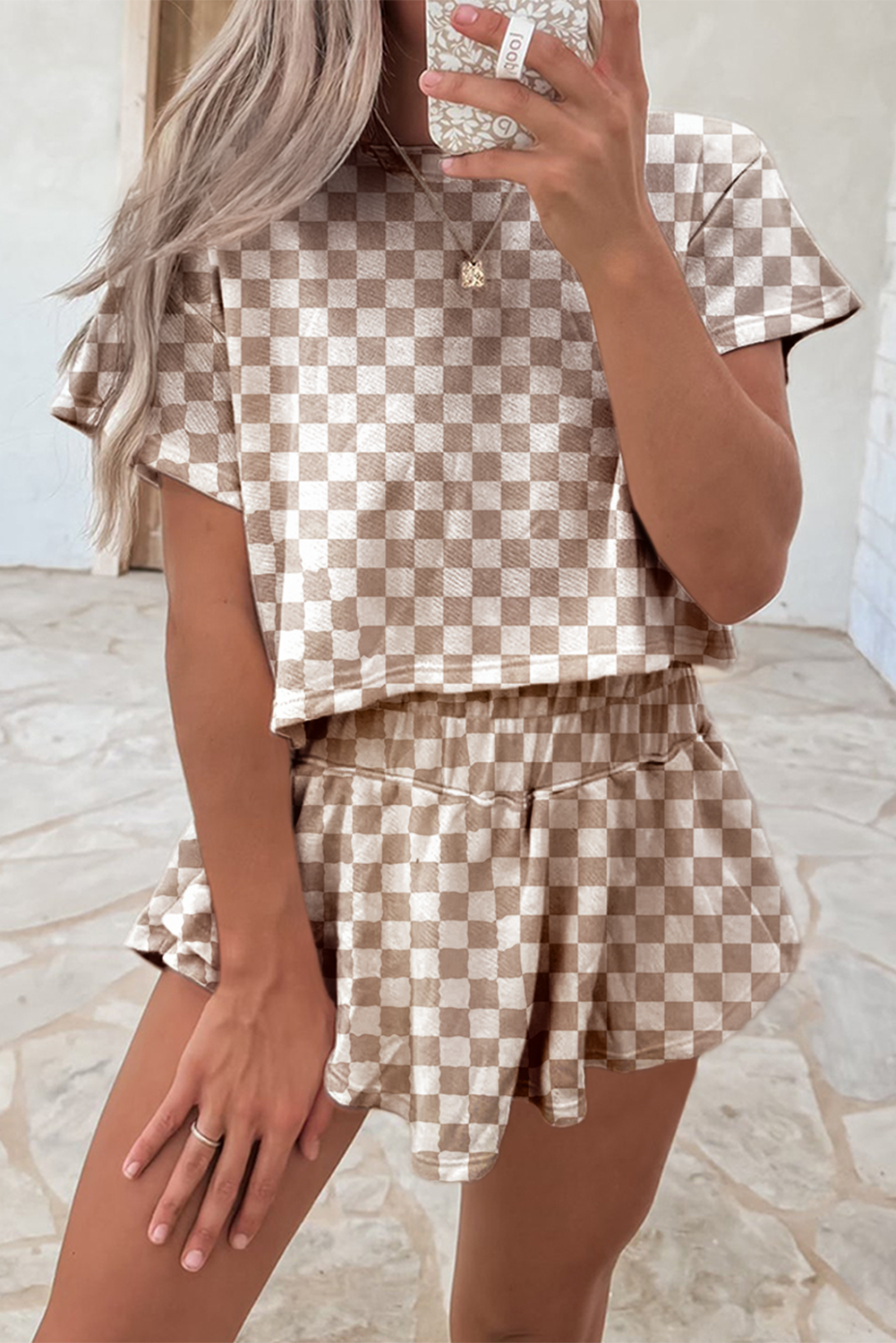Women's Checkerboard T-Shirt and Skorts Set - View 1 | Hensley London