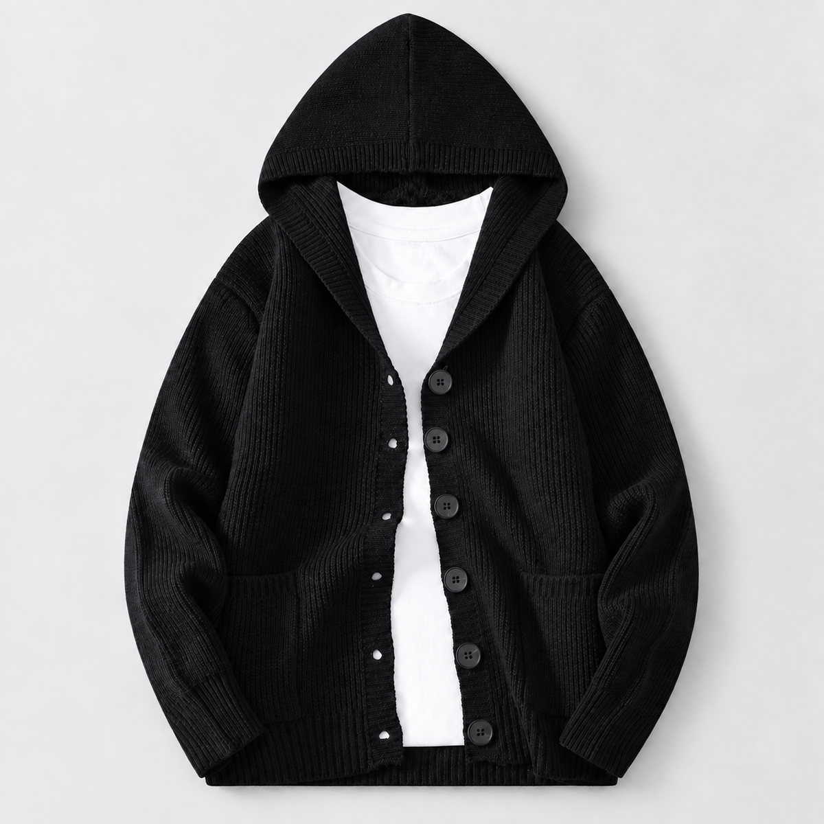 Men's Ribbed Hooded Cardigan in Black – front view | Hensley London