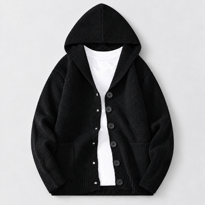 Men's Ribbed Hooded Cardigan in Black – front view | Hensley London