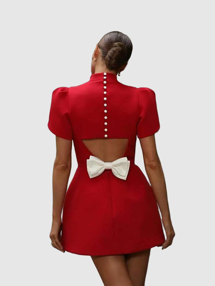 Women's Mini Dress Red Polyester Hollow Tie Summer Cocktail Dress-3