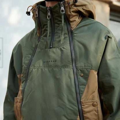 Men's Hooded Colourblock Double-Zip Jacket in Green and brown – front detail on model | Hensley London