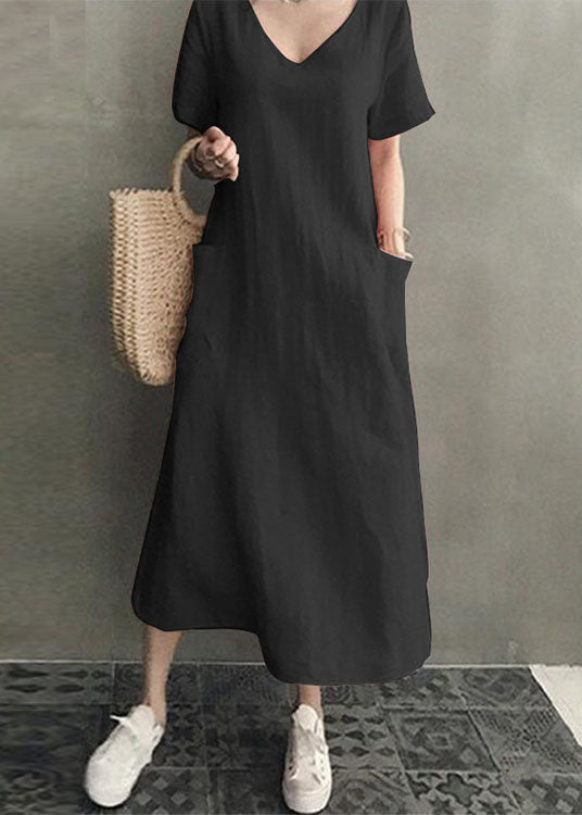 Women's Summer Dress Blue Cotton V-Neck with Pockets-2