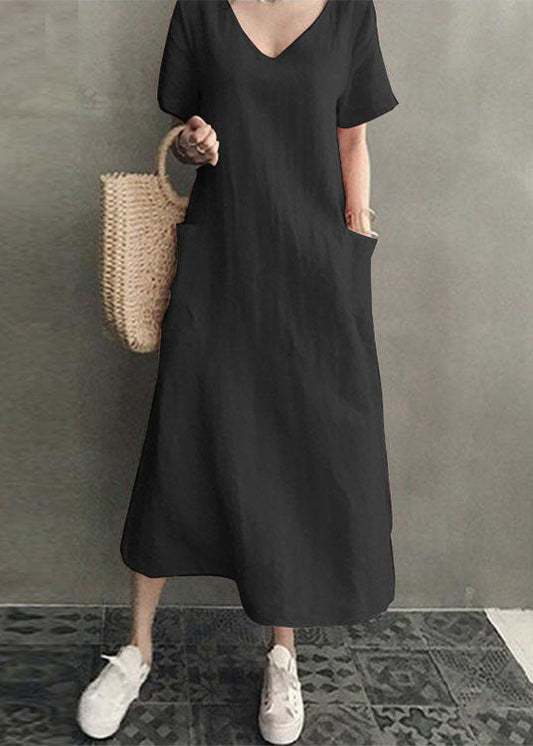 Women's Summer Dress Blue Cotton V-Neck with Pockets-2