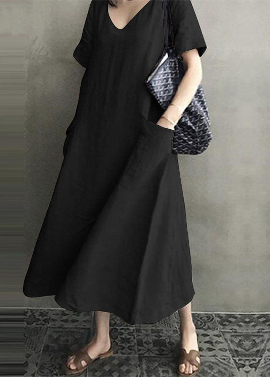 Women's Summer Dress Blue Cotton V-Neck with Pockets-4