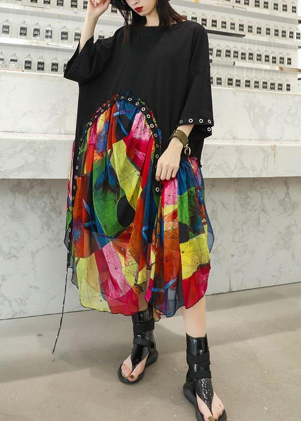 Women's Summer Dress Black Cotton Chiffon Patchwork-1
