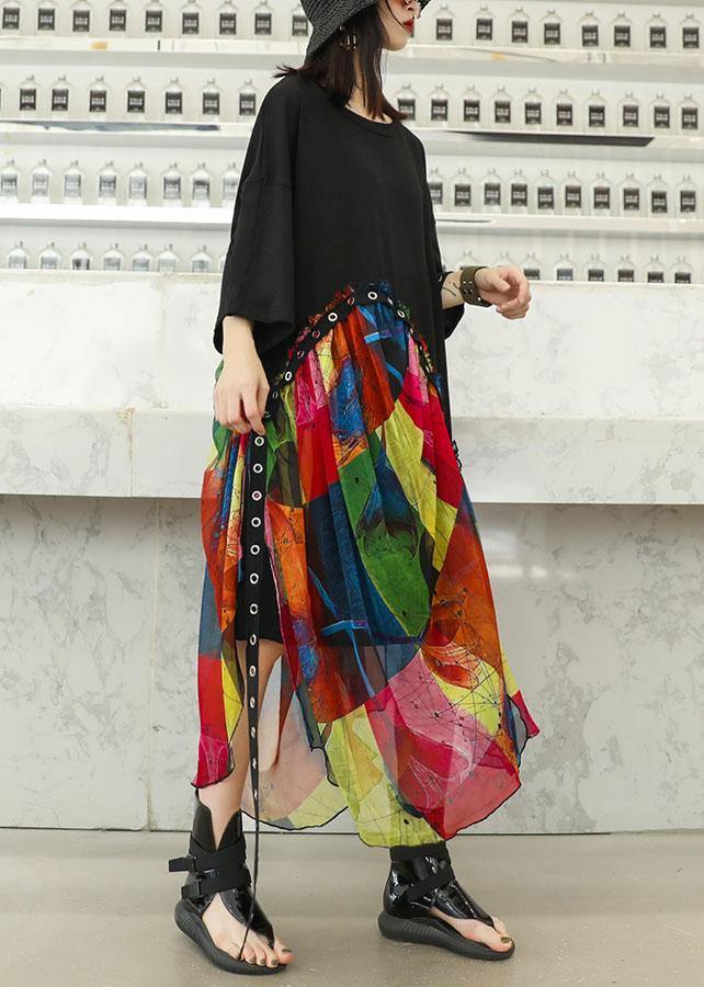 Women's Summer Dress Black Cotton Chiffon Patchwork-3